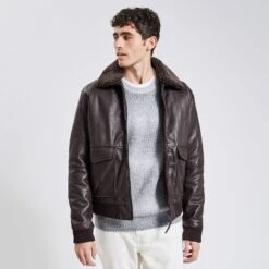 Blouson En Cuir Col Moutonné Amovible